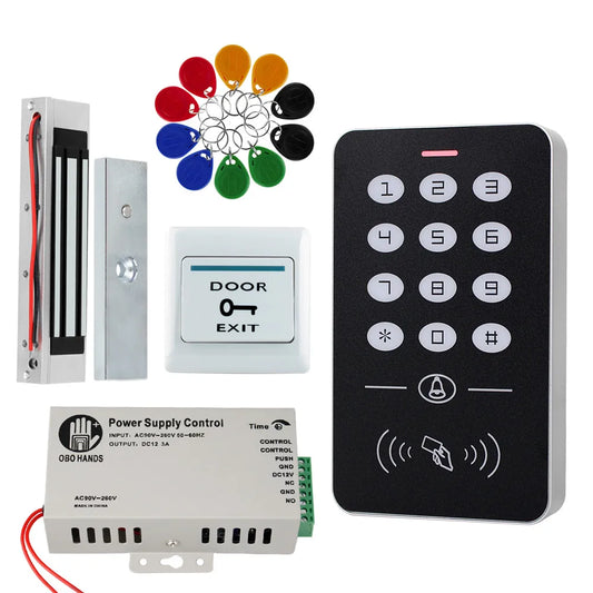 ACK-0010-001 Access Control System Kit - 001 Frame Glass Door Set + Electric 180KG Magnetic Lock + 10 Key tab +Power Supply + Exit Button-A1